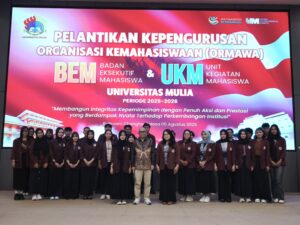 Pelantikan kepengurusan Badan Eksekutif Mahasiswa (BEM) dan Unit Kegiatan Mahasiswa (UKM) yang berlangsung di Ballroom Cheng Hoo , Selasa 5 Agustus 2025 (Humas Universitas Mulia)